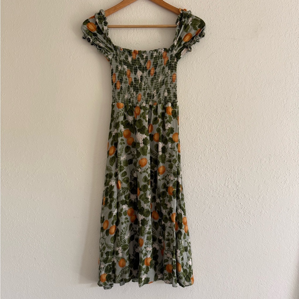 Reformation Green Midi Dress with Orange Fruit Print